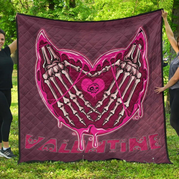 Valentine Premium Quilt Skeleton Hands In Melting Heart Valentine Pink Text Quilt Blanket