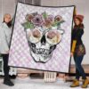 Valentine Premium Quilt - Skull Wearing Glasses And Flowers Crown Pink Quilt Blanket 1