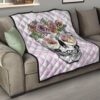 Valentine Premium Quilt - Skull Wearing Glasses And Flowers Crown Pink Quilt Blanket 15