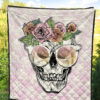 Valentine Premium Quilt - Skull Wearing Glasses And Flowers Crown Pink Quilt Blanket 5