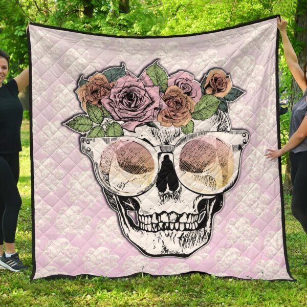 Valentine Premium Quilt – Skull Wearing Glasses And Flowers Crown Pink Quilt Blanket