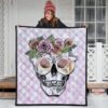 Valentine Premium Quilt - Skull Wearing Glasses And Flowers Crown Pink Quilt Blanket 3