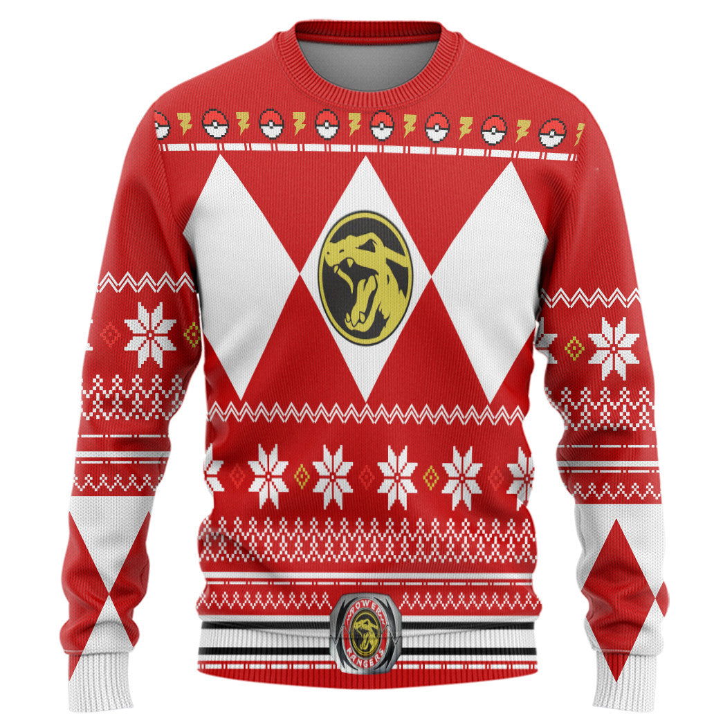 Mighty Morphin Red Power Ranger x Pokemon Charizard Custom Ugly Sweater