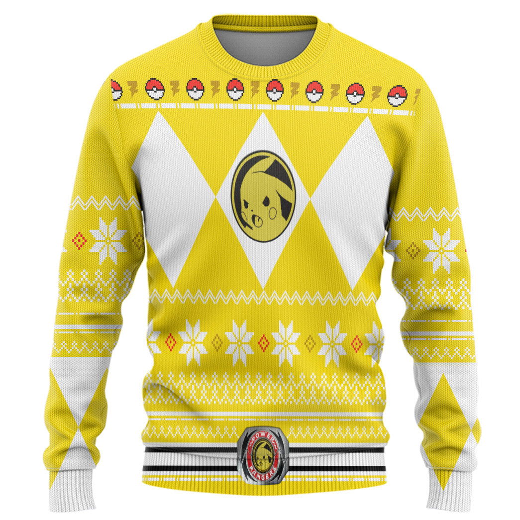 Mighty Morphin Yellow Power Ranger x Pokemon Pikachu Custom Ugly Sweater