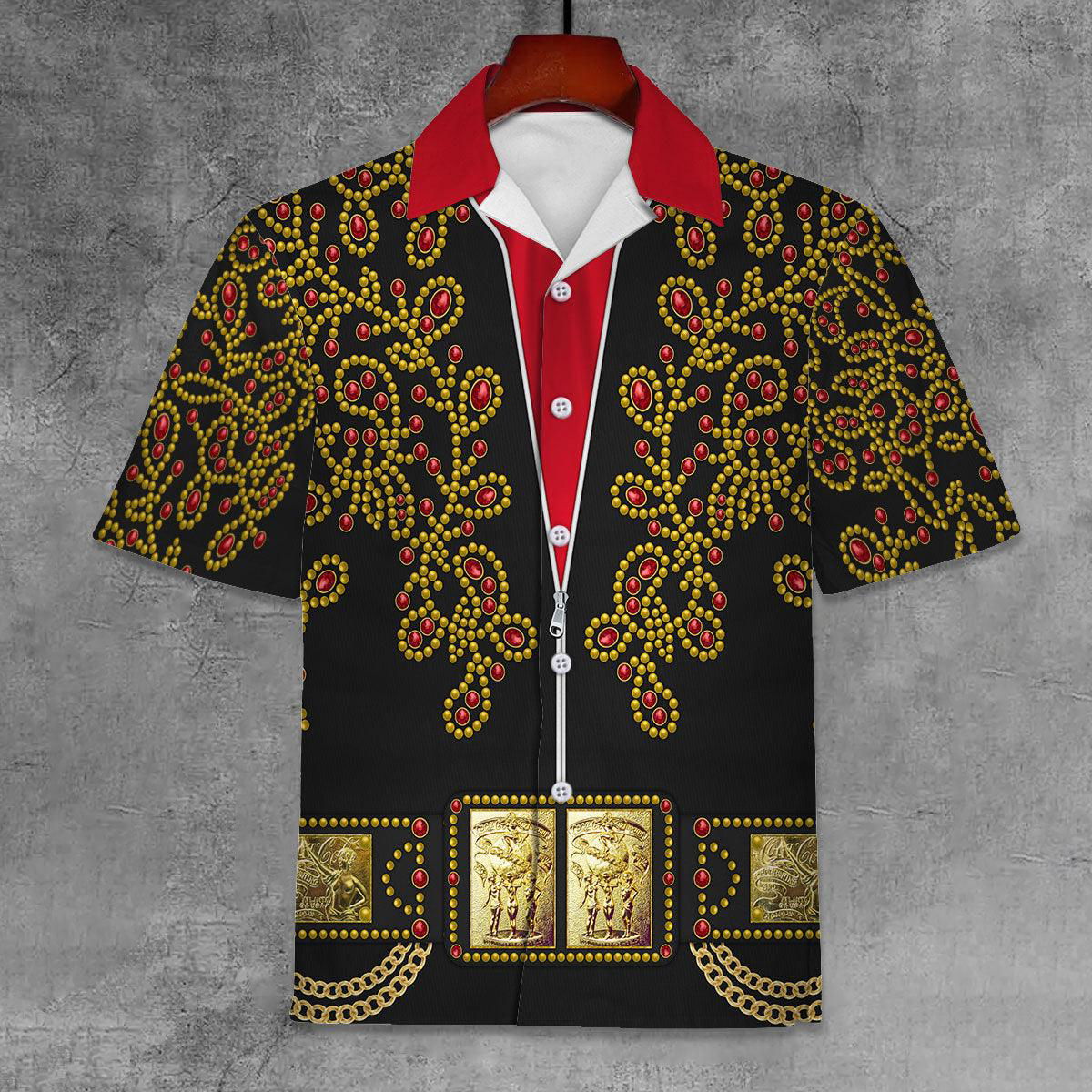 Elvis Spanish Flower – Black With Red Stones Unisex Hawaii Shirt