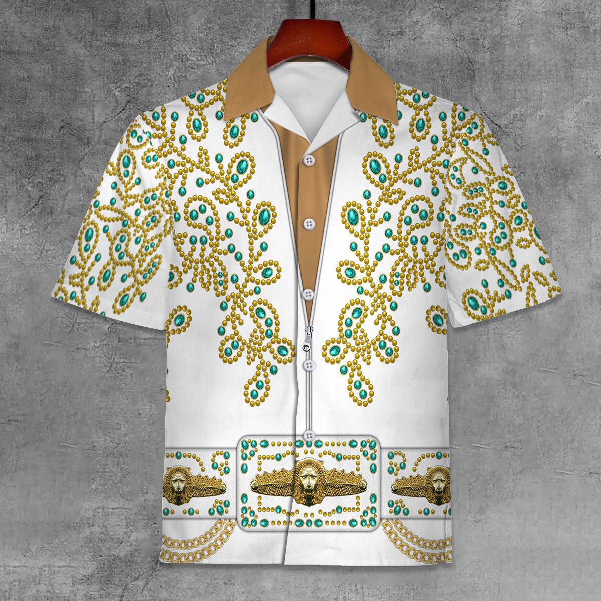 Elvis Spanish Flower – White With Green Stones Unisex Hawaii Shirt